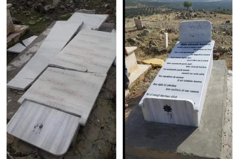 Occupation militias destroy gravestones with writings in Kurdish, in Kusa village