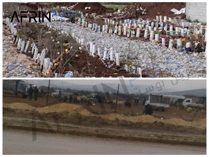 After bulldozing it.. the Turkish occupation turns a cemetery into a livestock market in Afrin